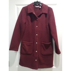 NEW Denim & Co Fleece Sherpa Button LONG Coatigan Wine Burgundy XS
